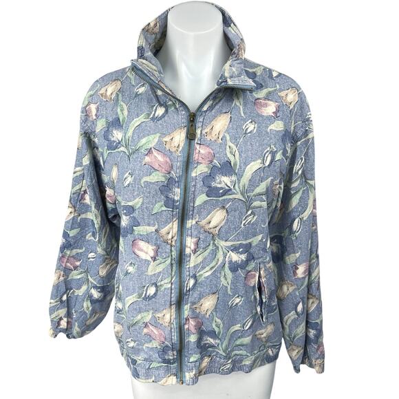 Vintage Vital Zone Blue 100% Silk Floral Relaxed Full Zip High Neck Jacket Sz S - Picture 1 of 4